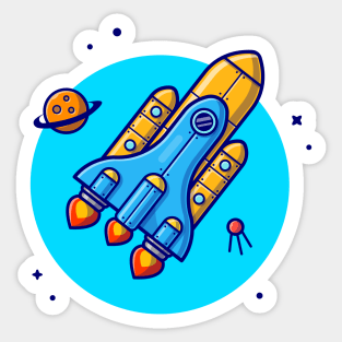 Space Shuttle Flying with Planet and Satellite Cartoon Vector Icon Illustration Sticker